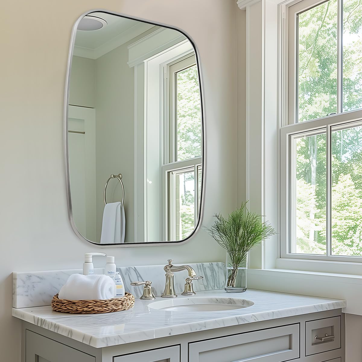 ANDY STAR Brushed Nickel Oval Bathroom Mirror for Over Sink, 24x36 Inch Bathroom Vanity Mirror with Unique Oblong Rounded Corner Tube Metal Frame-Modern Design with Anti-Rust Stainless Steel Frame