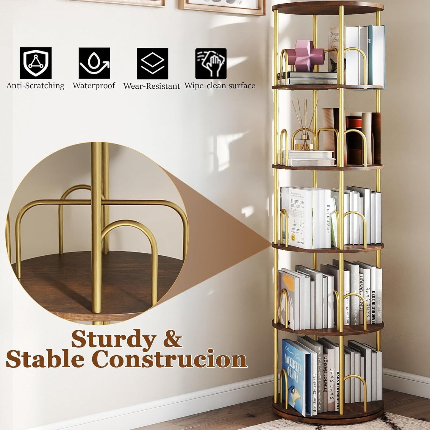 5-Tier Rotating Bookshelf, 360° Round Spinning Book Shelf Tower, Tall Skinny Wood & Metal Bookshelf for Corner/Office/Home, Modern Industrial Vintage Style