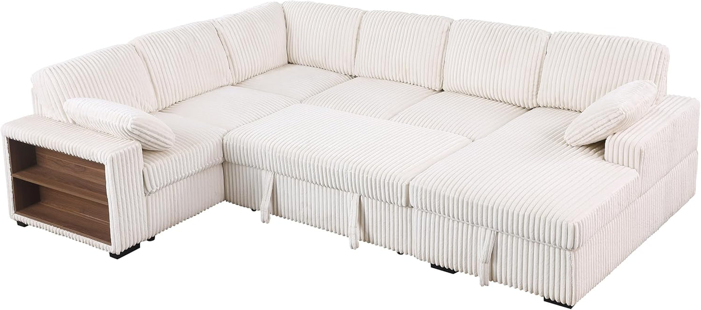 Eafurn Oversized Convertible U Shaped Sleeper Sectional Sofa Pull Out Couch Bed, 6 Seater Corduroy Upholstered Pullout Lounge Sofa Couch Sofabed w/Storage Chaise, Shelves for Living Room Apartment