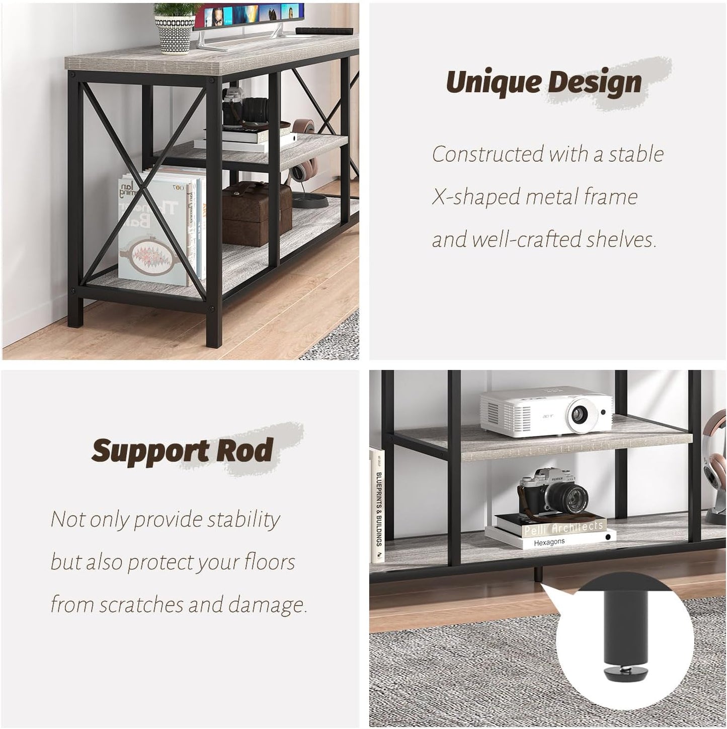 FOLUBAN Modern TV Stand for TV up to 65 Inch, Rustic Wood Entertainment Center with Storage Shelves, Industrial Media TV Console for Living Room, Farmhouse TV Table for Bedroom, 55 Inch Light Grey