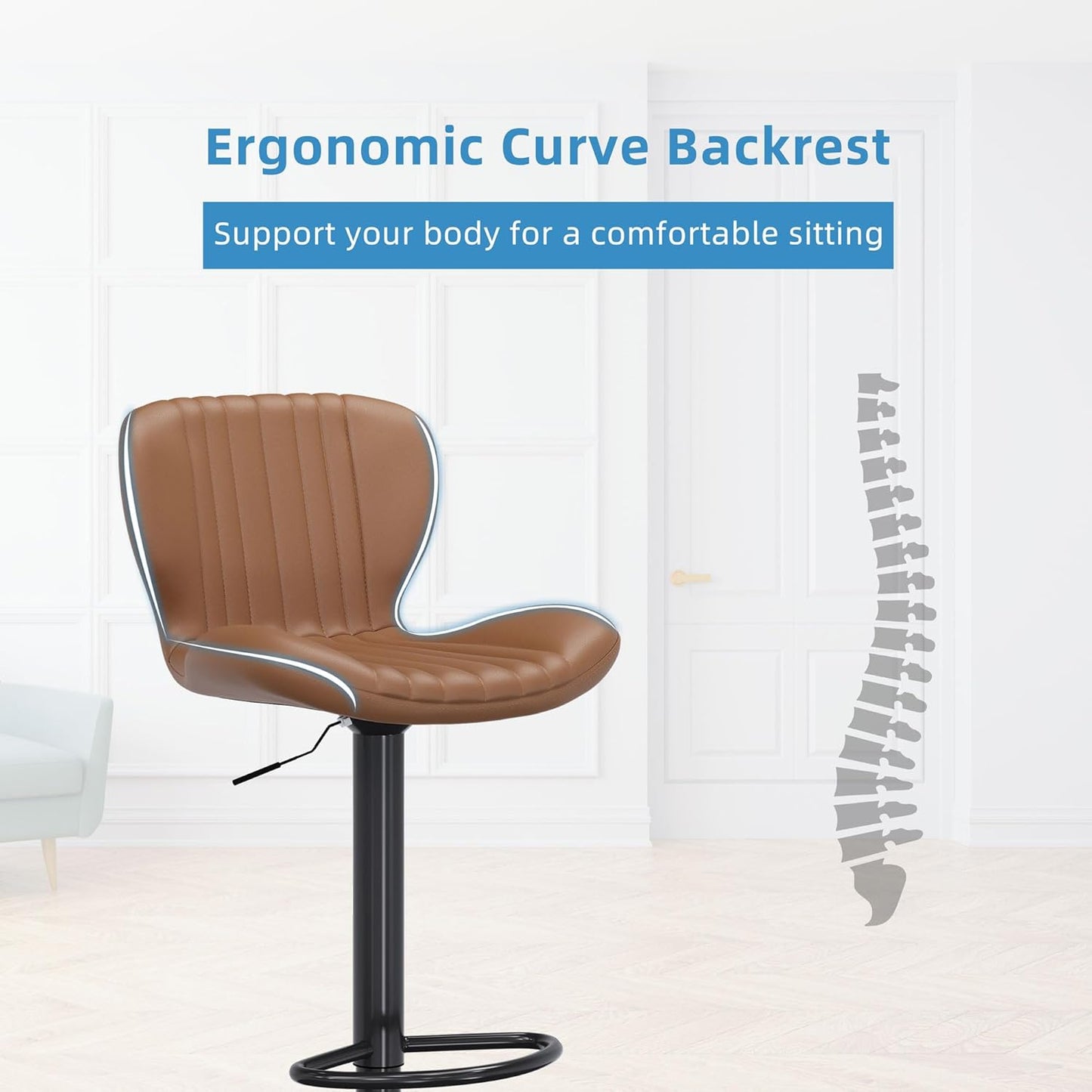 Shintenchi Bar Stools Set of 6 Modern Swivel Bar Chairs, Counter Height Faux Leather Metal Barstools, Upholstered Island Chairs with Back and Footrest, Coffee