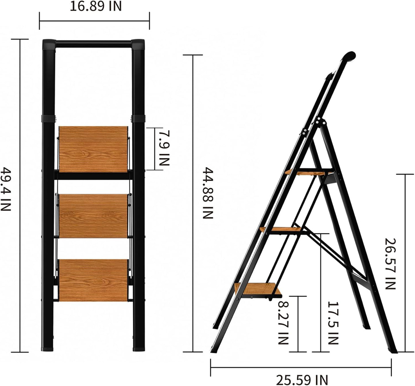 3 Step Ladder,Folding Step Stool with Aluminum Wide Pedal& Convenient Handgrip,330lbs Capacity Steel Ladder for Household and Office(Black &Woodgrain)