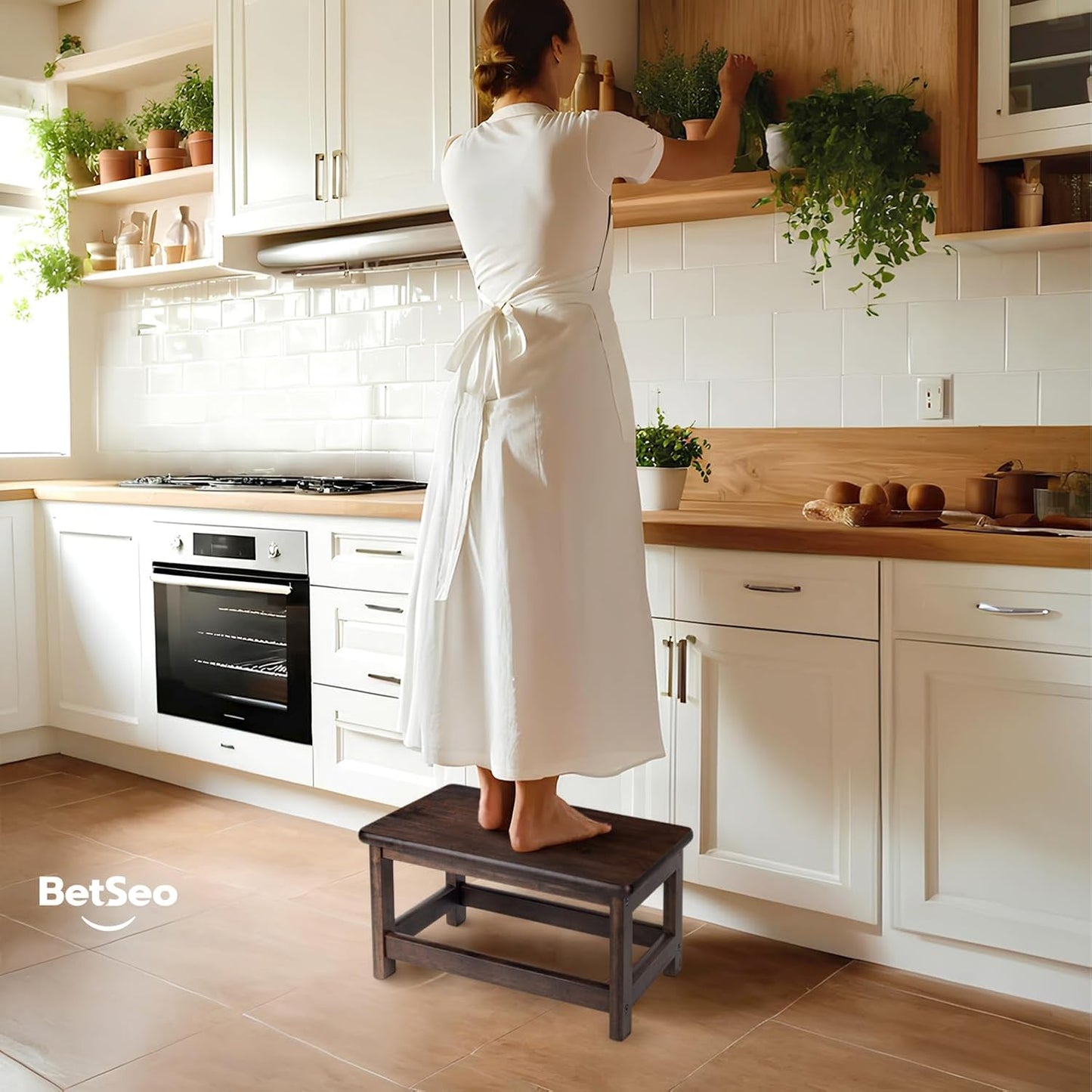 Wooden Step Stool (16.5" Dx12 Wx9 H) Bed Steps for High Beds for Adults - Natural Solid Wood One Step Stool, Heavy Duty- Holds up to 600Lbs- Perfect Safety (9in Height-Walnut)