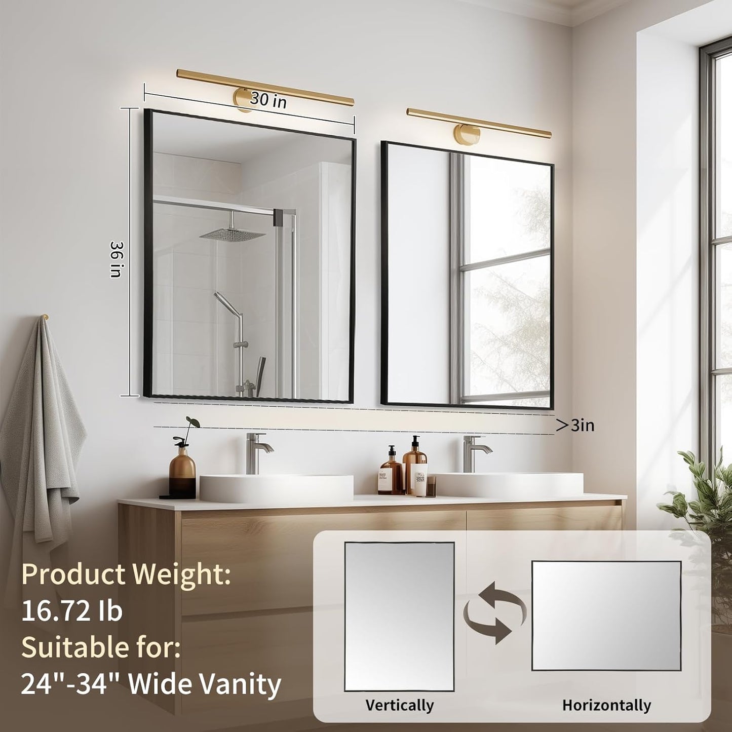 Matte Black Mirror, 30x36 Inch Aluminum Framed Rectangle Mirror, Anti-Rust, Tempered Glass, Square Corner Wall Mirror for Over Sink, Vanity, Bedroom, Entryway, Horizontal/Vertical