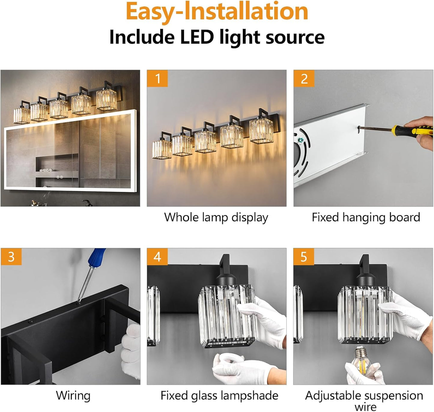 Modern Crystal Bathroom Vanity Light - 5-Lights Black Modern Crystal Wall Lamp for Bathroom Vanity Lighting