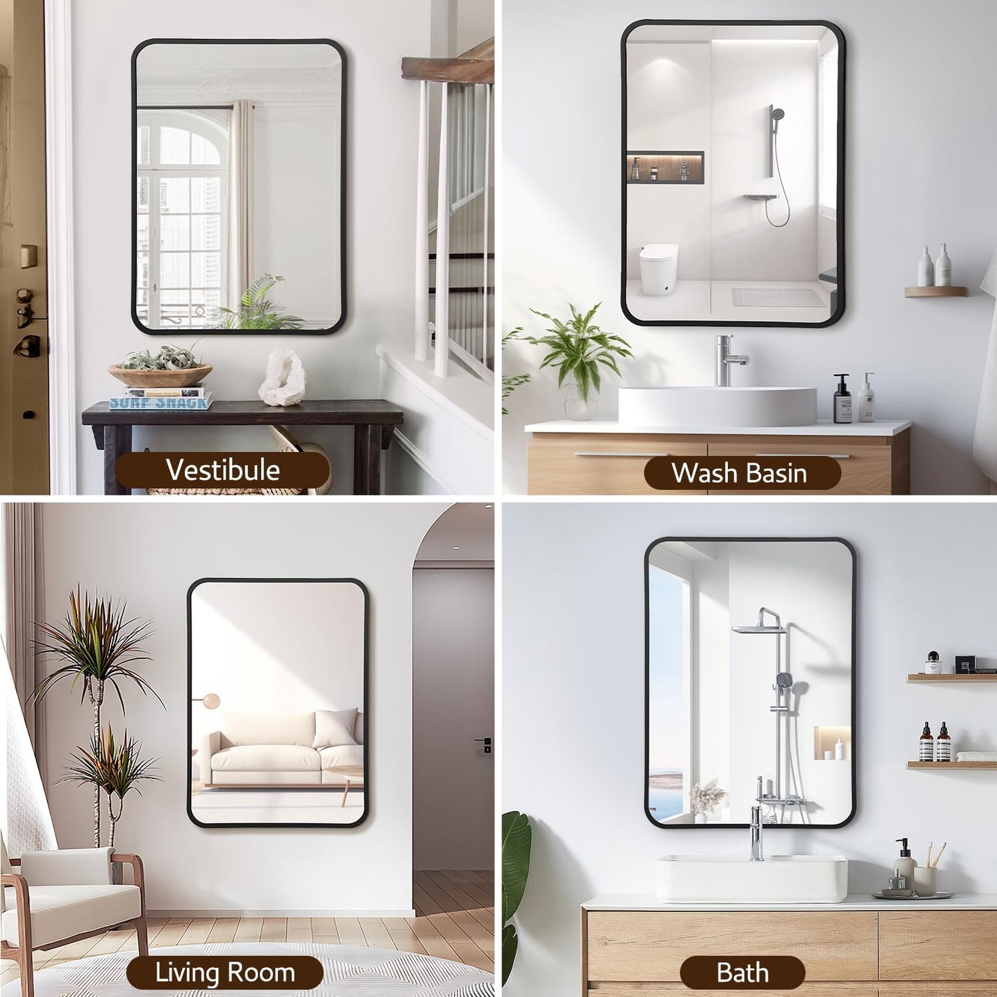 24x36 Rounded Rectangle Bathroom Mirrors for Over Sink, Black Vanity Mirror with Metal Frame Wall Mounted, Modern Farmhouse Mirror for Restroom, Bedroom, Entryway Decor