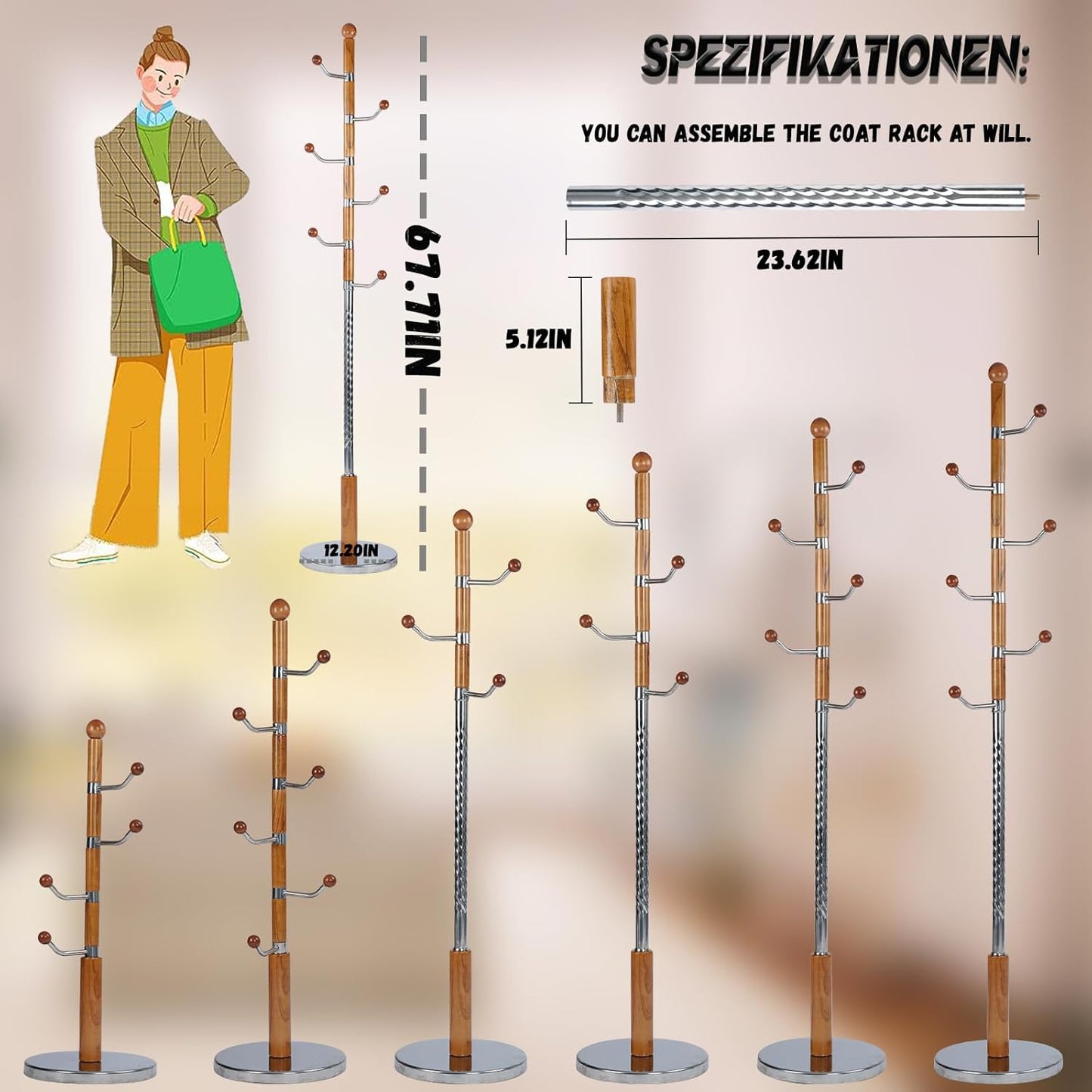 68 in Wood Coat Rack, Coat Rack Freestanding with Stable Round Base, Adjustable Height Tree Coat Racks Stand for Home Bedroom Office Hallway Entryway (Solid Wood Metal Hook)