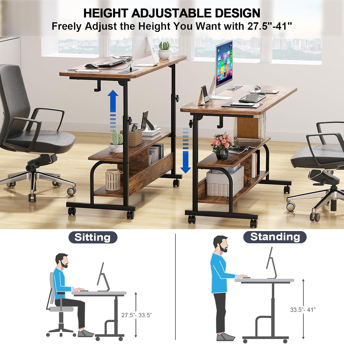 Armocity Height Adjustable Standing Desk with Power Outlets, 47" Manual Stand Up Desk with Storage Shelves Small Mobile Rolling Computer Desk Portable Laptop Table with Wheels for Home Office, Rustic