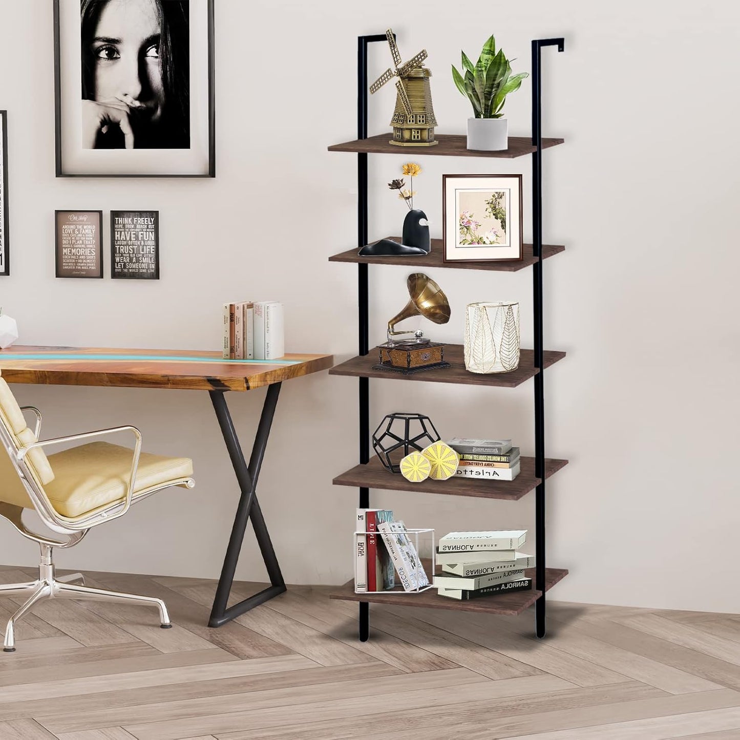 5 Tiers Ladder Shelf Brown Modern Bookshelf Open Tall Wall Mount Bookcase Standing Leaning Wall Shelves Industrial Decorative Living Room Bed Room