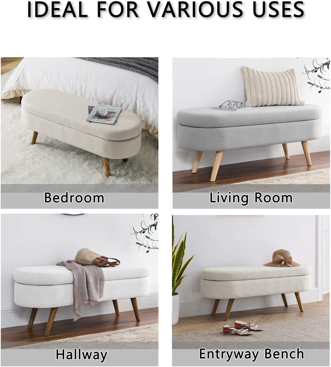 Oval Storage Bench 43.5" Linen Fabric Upholstered Entryway Bench with Solid Wood Legs Ottoman Bench Indoor Bench for Living Room/Bedroom/End of Bed/Entryway (Grey)