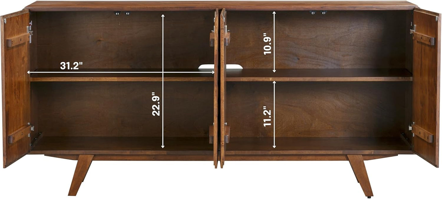 NTC Sapa Mid-Century Modern Solid Wood Sideboard – 4-Door Accent Buffet Cabinet with Carved Geometric Fronts, for Living Room, Dining Room, or Entryway, Effortless Assembly, Dark Walnut
