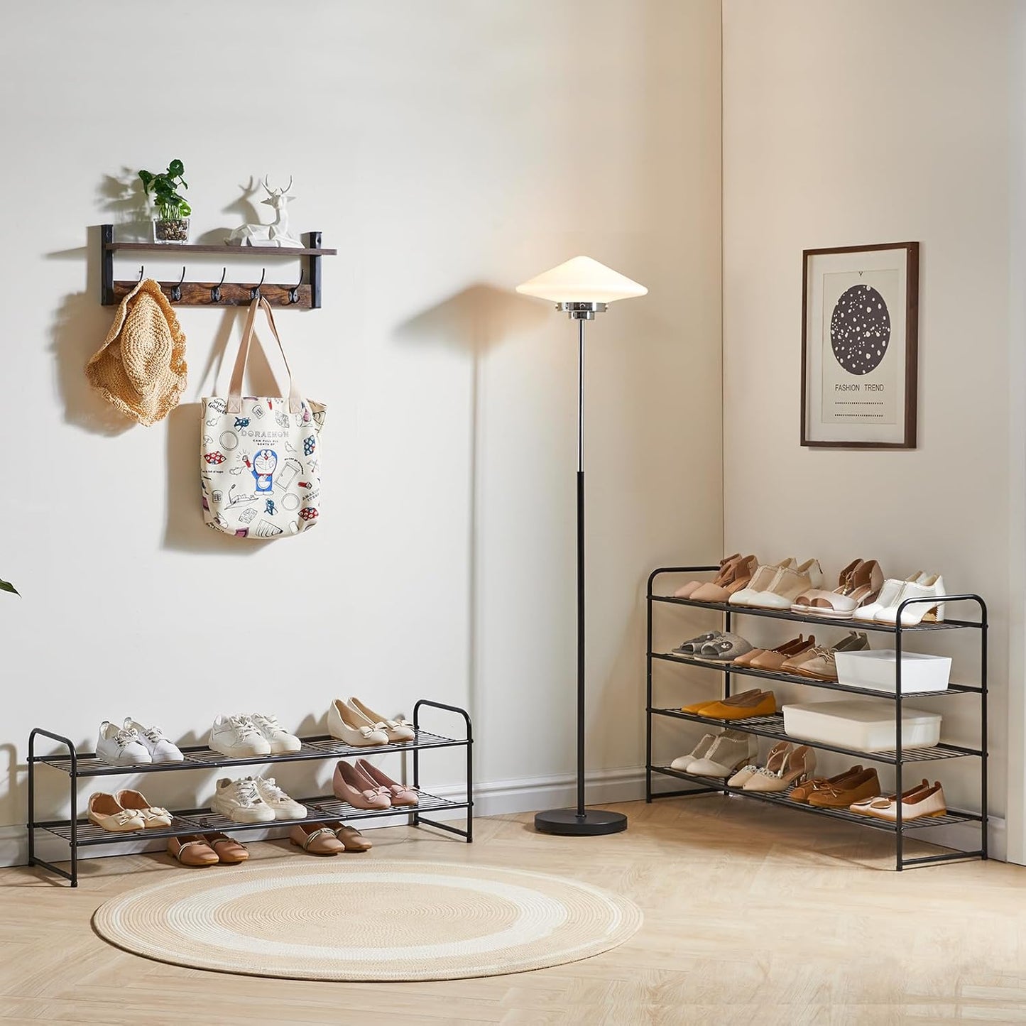 YMYNY Freestanding Shoe Racks, 2 Tiers Stackable & Adjustable Shoe Storage Shelf, Extra Large Capacity Shoe Organizer Stand for 12-18 Pairs, for Entryway, Closet, Bedroom, Black, 42.9" L, UHXJ303B