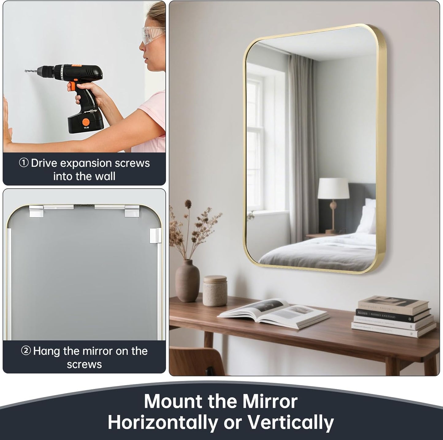 30x40 Inch Bathroom Mirror for Wall,Gold Framed Rectangle Mirror with Rounded Corner,Aluminum Alloy Framed Brushed Wall Mirror for Bedroom or Living Room,Vertical or Horizontal