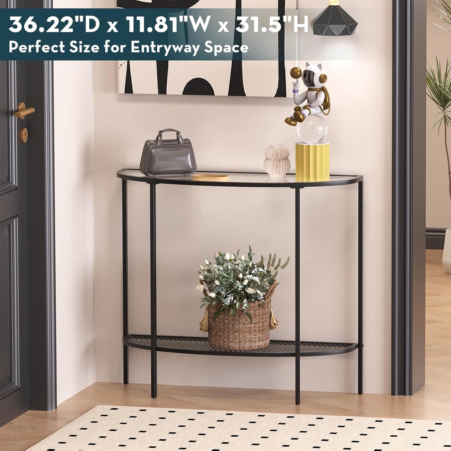 SAYGOER Glass Half Moon Console Table 2 Tier Narrow Entryway Table with Black Metal Frames, Modern Couch Table Small Entry Way Tables, Easy Assembly, Clear Glass