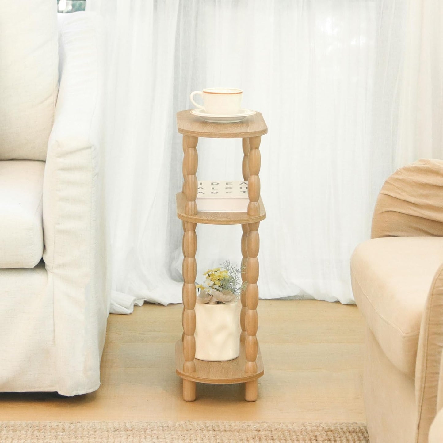 MaxSmeo Narrow Side Table, Small End Table with 3-Tier Open Shelf, Slim Bedside Table Nightstand for Small Spaces, Bedroom, Living Room (Rustic Walnut)