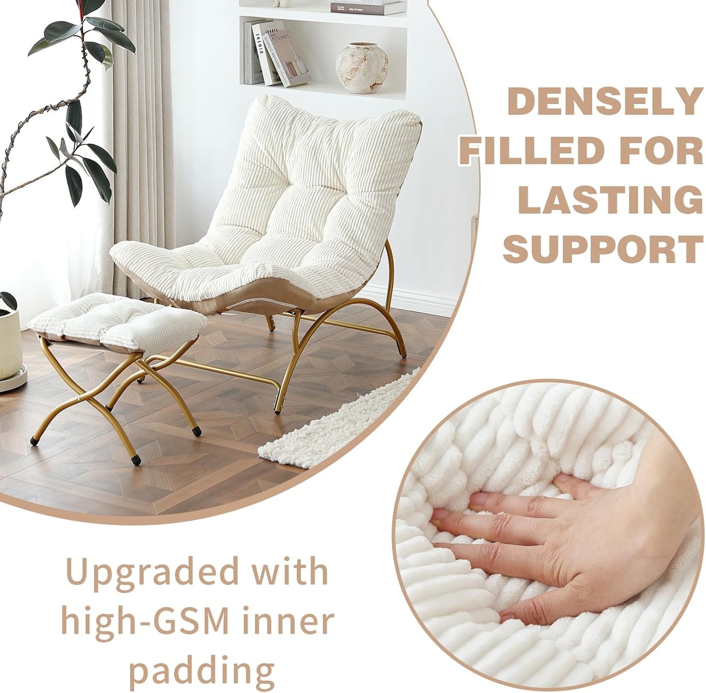 Welnow Accent Chair with Ottoman, Lounge Comfy Soft Leisure Metal Frame Reading Chair with Footrest, Upholstered Thick Cushion Seated Recliner Sofa for Living Room, Bedroom, Dorm, Beige