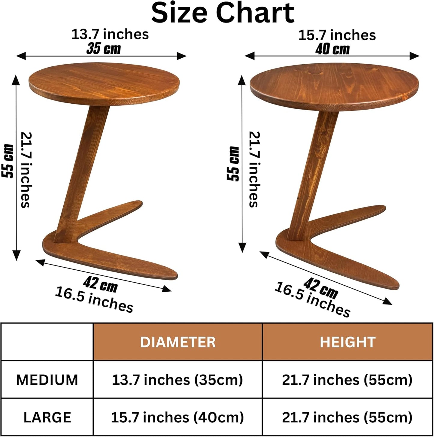 C-Shaped Handmade Solid Wood End Table, Side Table for Couches, Sofa Tables Slide Under Couch for Living Room, Over Couch TV Tray Table for Small Spaces (Medium, Chestnut)