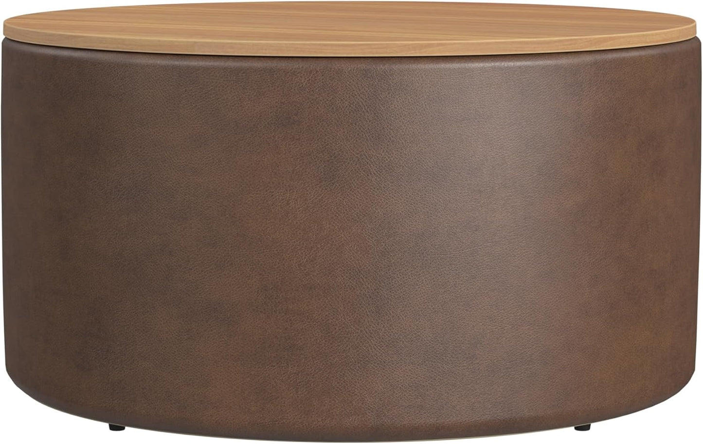 HomePop Modern Fabric Storage Ottoman with Wood Top - Faux Brown Leather