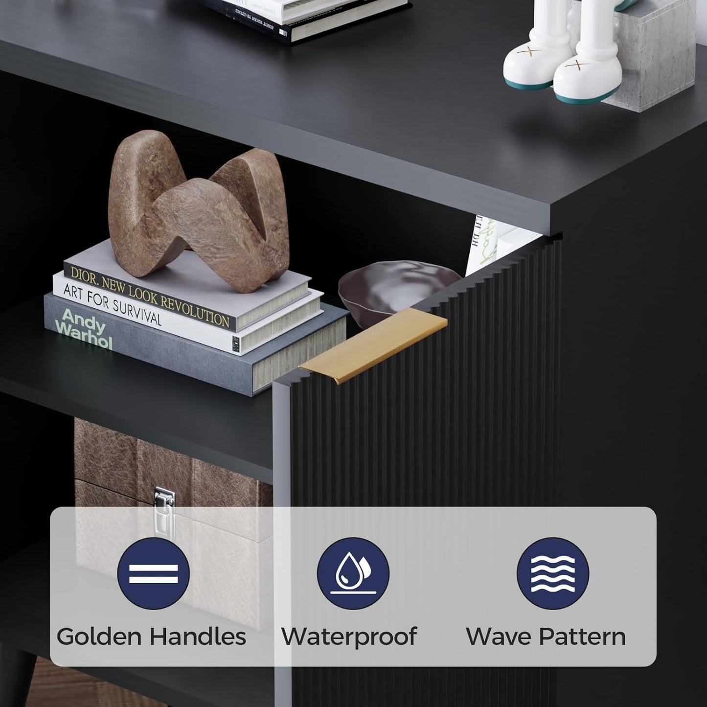 Fluted Buffet Cabinet – Modern Wood Sideboard with 2-Doors & Shelves, Multifunctional Storage Cabinet & Credenzas for Entryway, Dining & Living Room, Black