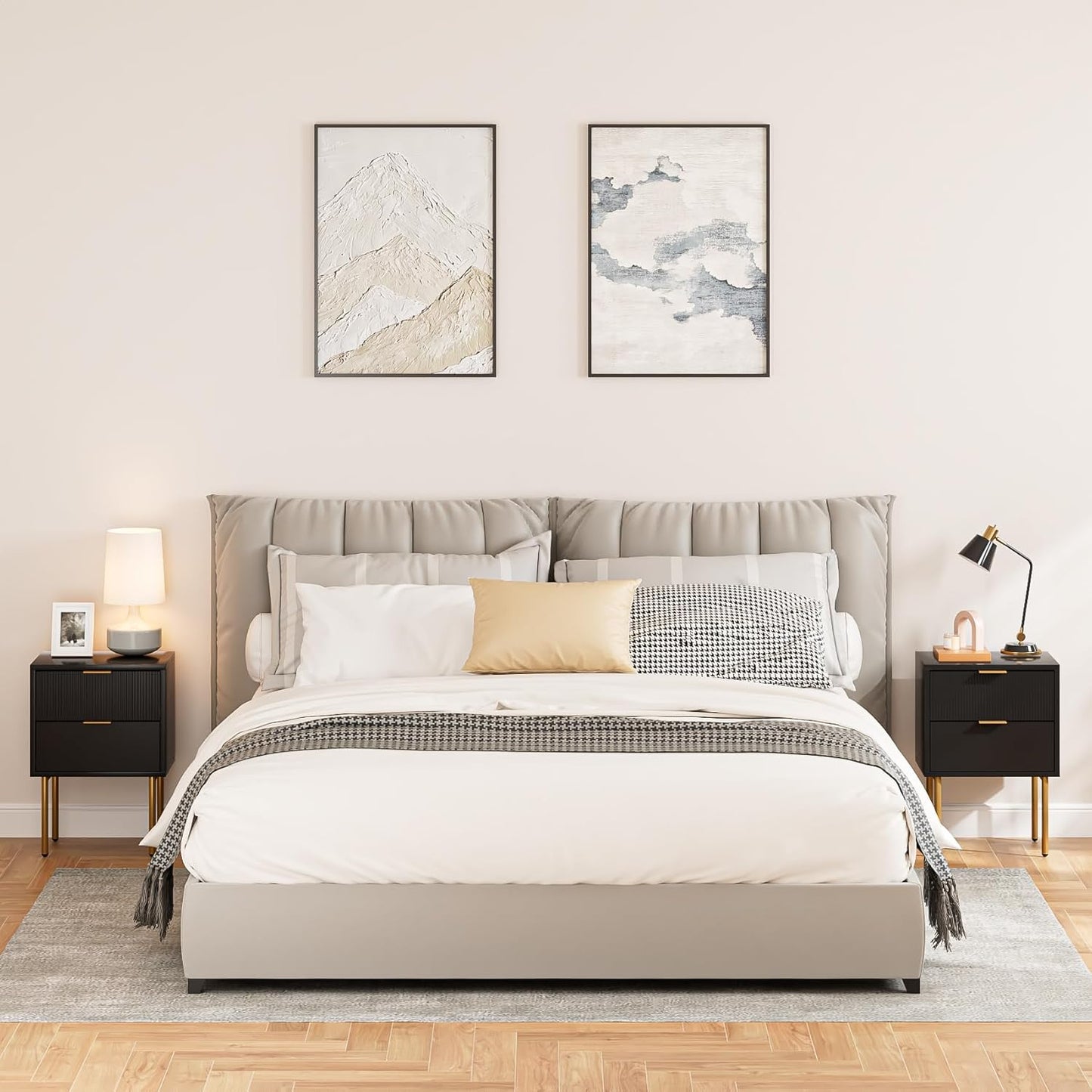 Nightstand,Small Bedside Table with Gold Frame,Morden Night Stand with 2 Drawer,End Table,Side Table with Drawer and Shelf for Bedroom,Living Room, Black