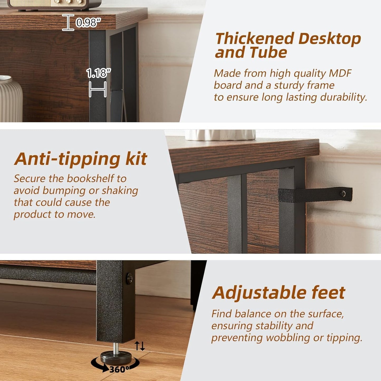 HOMISSUE Bookshelf, 3-Tier Rustic Small Bookshelf, Industrial Shelf Bookcase with Engineered Wood Shelves, Low Bookcase with Storage, Small Shelf for Living Room, Bedroom and Office, Rustic Brown