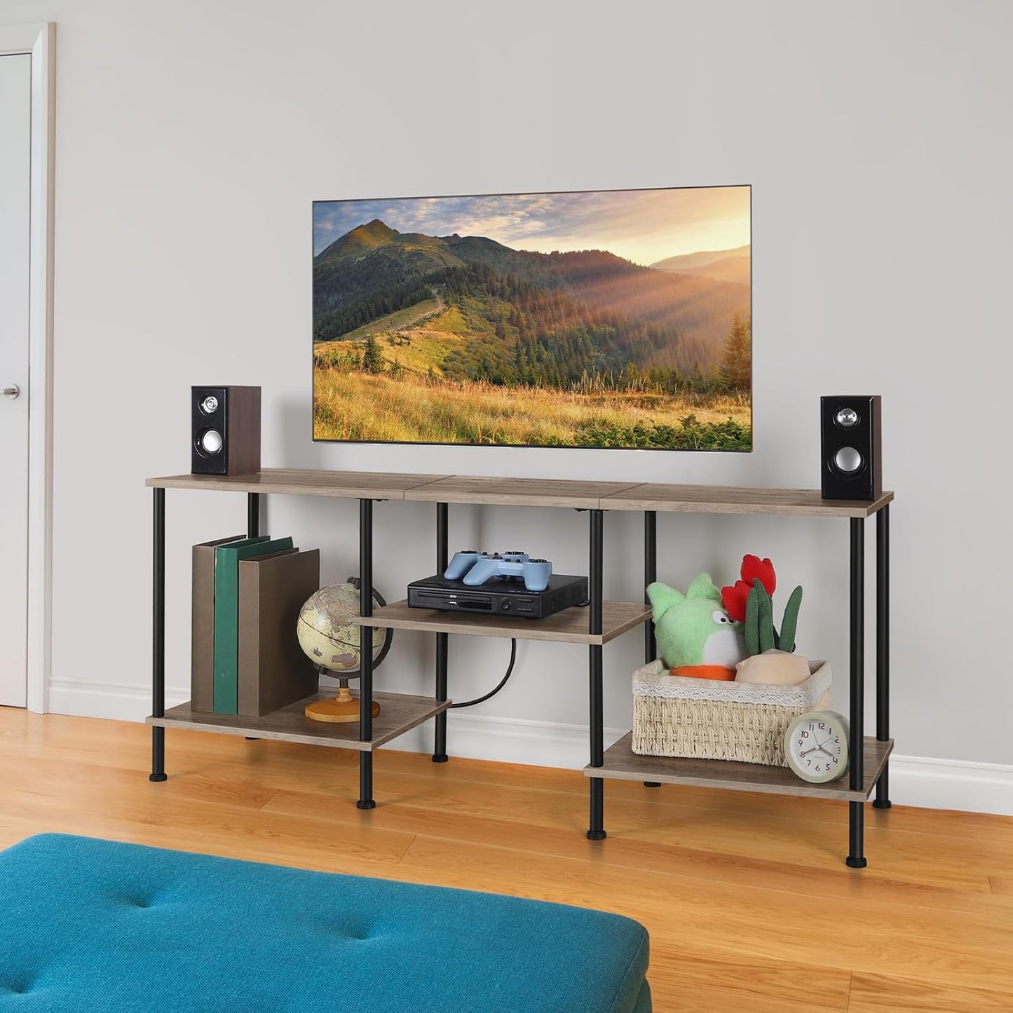 50 Inch TV Stand with Power Outlet Small Entertainment Center with Storage 3 Tier TV Consoles for Living Room Bedroom Office, Farmhouse TV Media Console Table for 50 43 40 32 Inch TV, Rustic Grey