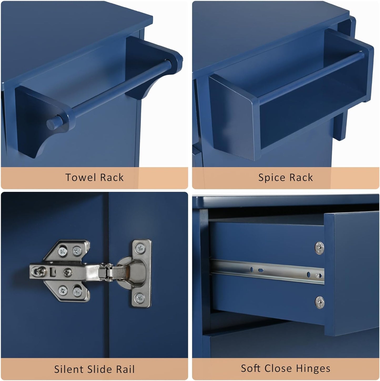 53" Kitchen Island with Drop Leaf,Dining Storage Cart W/Spice Rack,Towel Rack and 2 Drawers,Rolling Island on Wheels W/Adjustable Shelves for Kitchen,Dining Room,Navy Blue