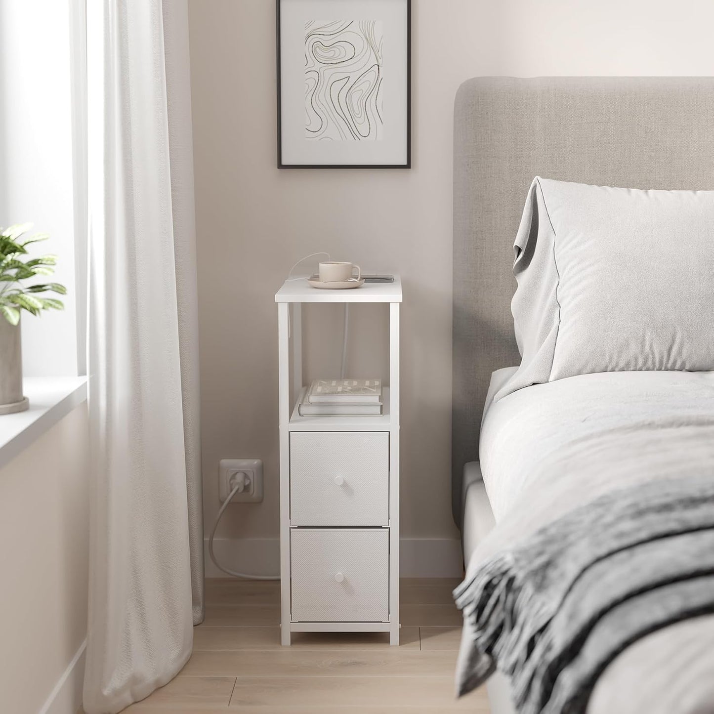 TUTOTAK Small Narrow LED End Table with Charging Station, Side Table Outlets, Nightstand with 2 Cloth Drawers, Couch Table, for Living Room, Bedroom, Bedside, White TB01BW085L