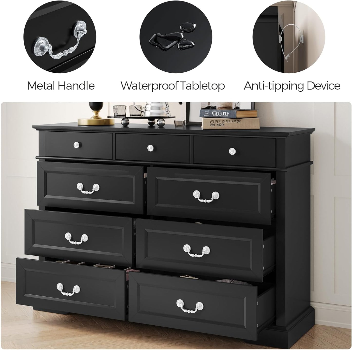 LINSY HOME Farmhouse Dresser for Bedroom, 9 Drawer Bedroom Dresser with Antique Handles, Wood Chest of Drawers for Nursery, Living Room, Entryway and Hallway, Black