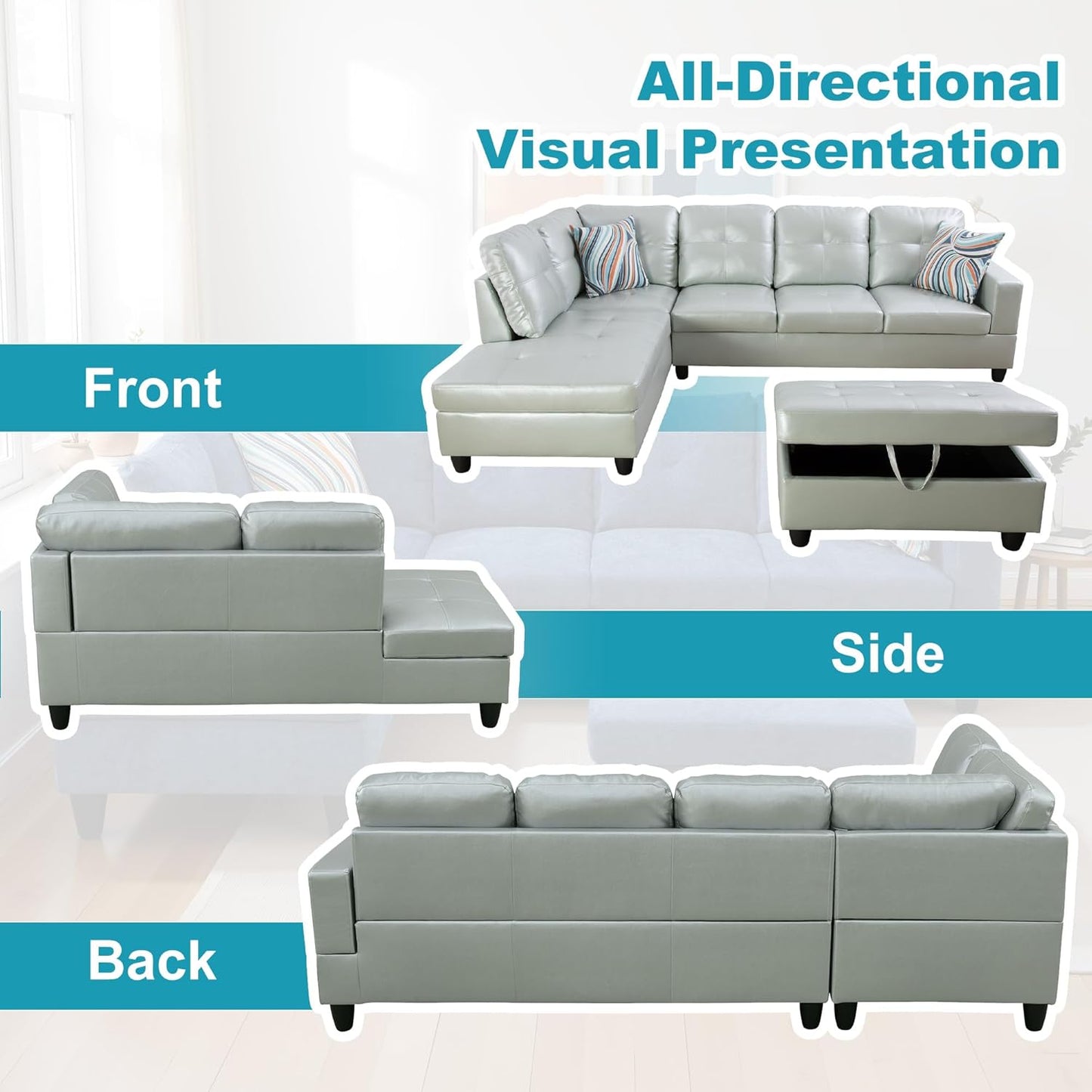 L Shaped Couch PU Leather Sectional Couch Upholstered 3 Pieces Sofas for Living Room with Chaise, Storage Ottoman for Office and Small Apartment, Silver Green