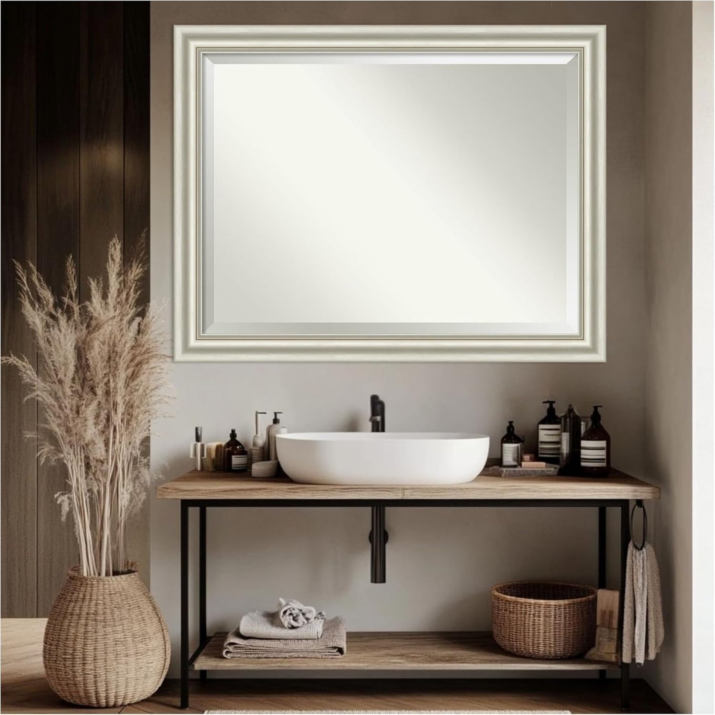 Amanti Art Bathroom Mirror for Over Sink, 36x46 Sophia Silver Rectangle Vanity Mirror, X-Large Traditional Frame, Hangs Horizonally and Vertically, Bathroom Wall Decor, Beveled Edge