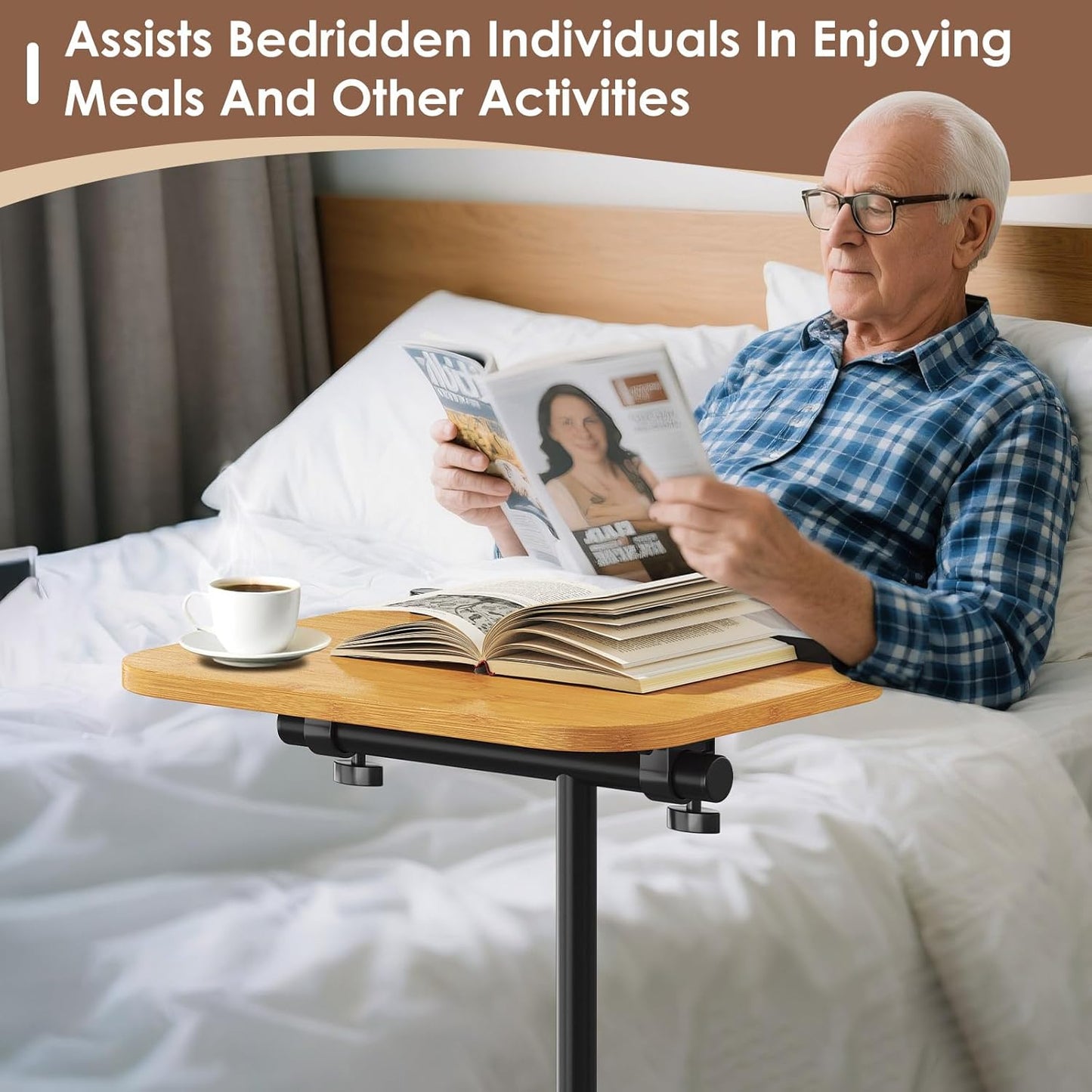 Sofa Couch Arm Table Tv Tray Small Bed Stand C Shaped Side End Tables for Living Room, Bedroom, Natural