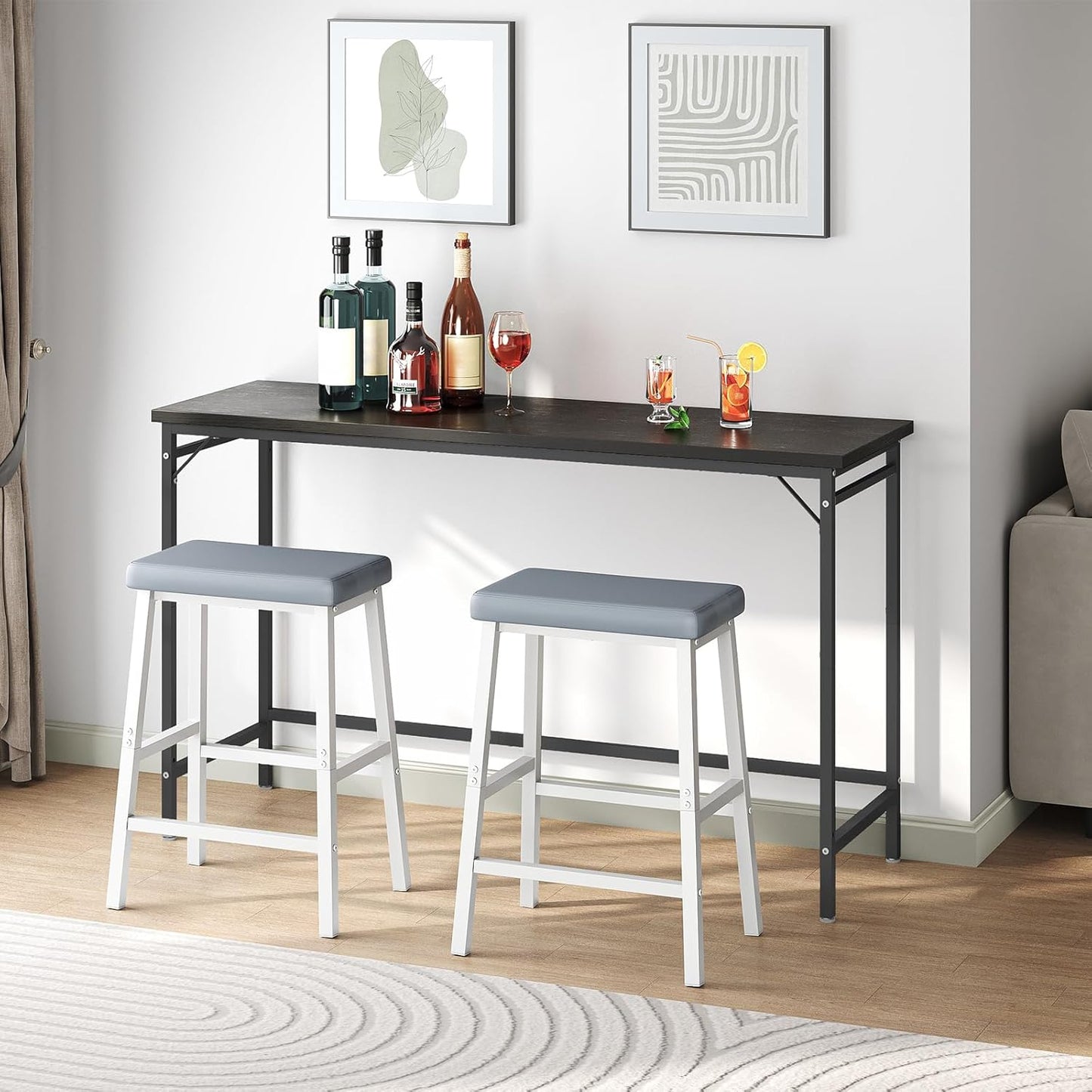 HOOBRO Bar Stools, Set of 2 Bar Chairs, PU Leather Upholstered Breakfast Stools, Easy Assembly, Suitable for Kitchen, Bar, Dining Room, White and Gray WG01MD01