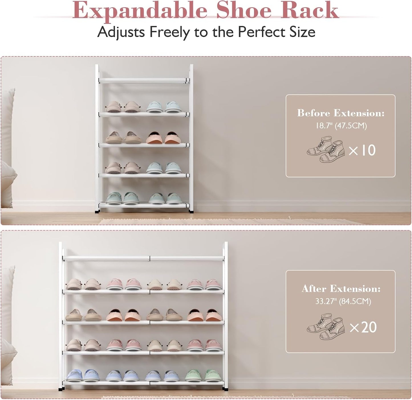 Bumusty 5-Tier Expandable Shoe Rack for Closet, 18“-33” Adjustable Shoe Rack for Small Space, Small Shoe Organizer for Front Door, Sturdy Metal (White)