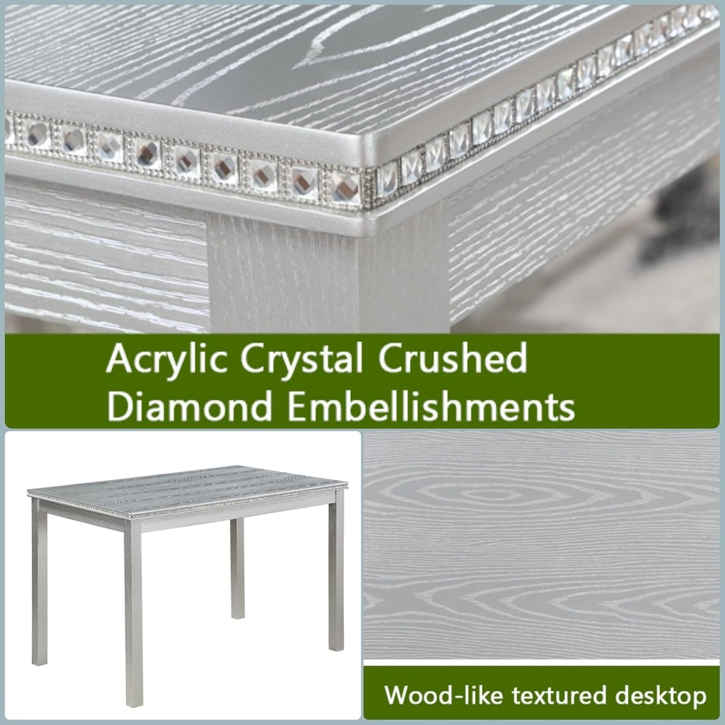 Dining Table Set for 4, 5-Piece Kitchen Table & Chairs Set with Rectangular Table & 4 Upholstered Chairs, 34.5'' Dinner Set with Crystal Decorations & Wood Grain Design, Silver Grey