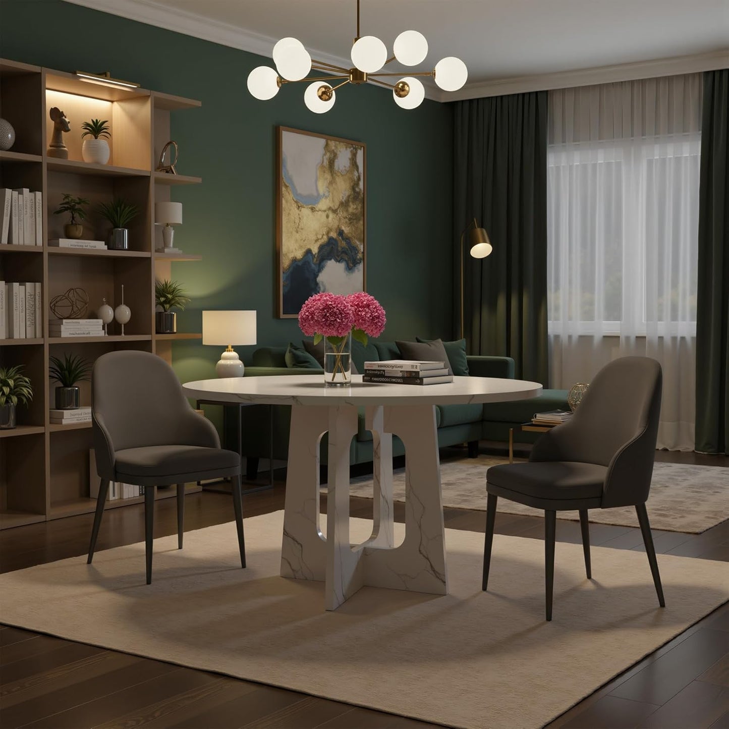 47" Round Dining Table for 4-6, Modern Small Dinner Table Farmhouse Round Kitchen Tables with Marble White Finish for Dining Room, Kitchen, Living Room, Marble White