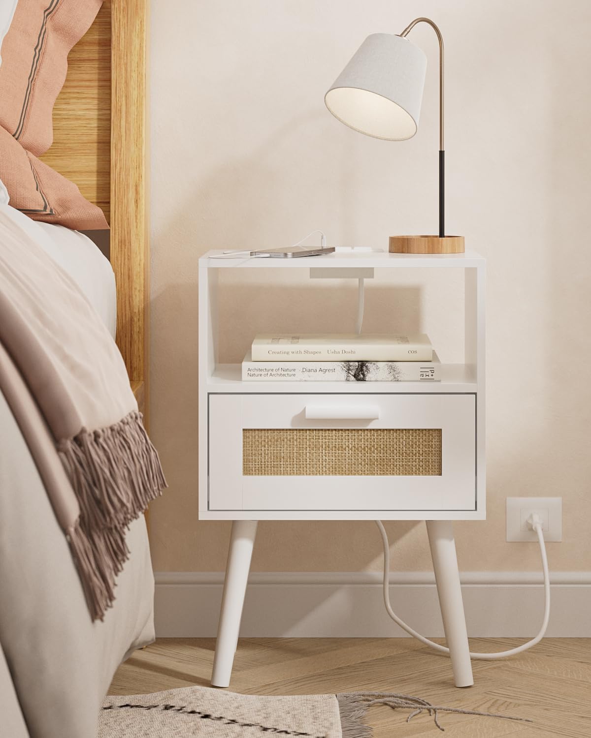 Bedroom Nightstands Wooden Night Stands with Rattan Weaving Drawer Home Bedside End Table for Bedroom Storage (Modern-White)