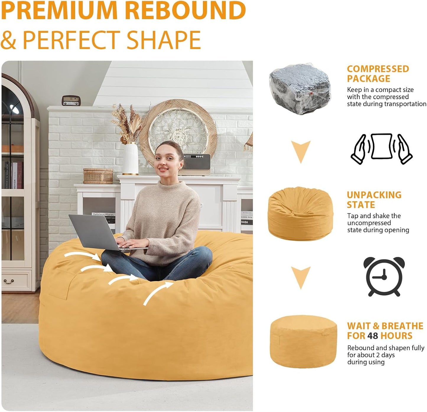 3FT Bean Bag Chair, Comfy Bean Bag Chairs with Memory Foam Filled, Fluffy Beanbag Sofa with Dutch Velvet Cover, Round BeanBag Chairs for Living Room, Playroom - Mustard