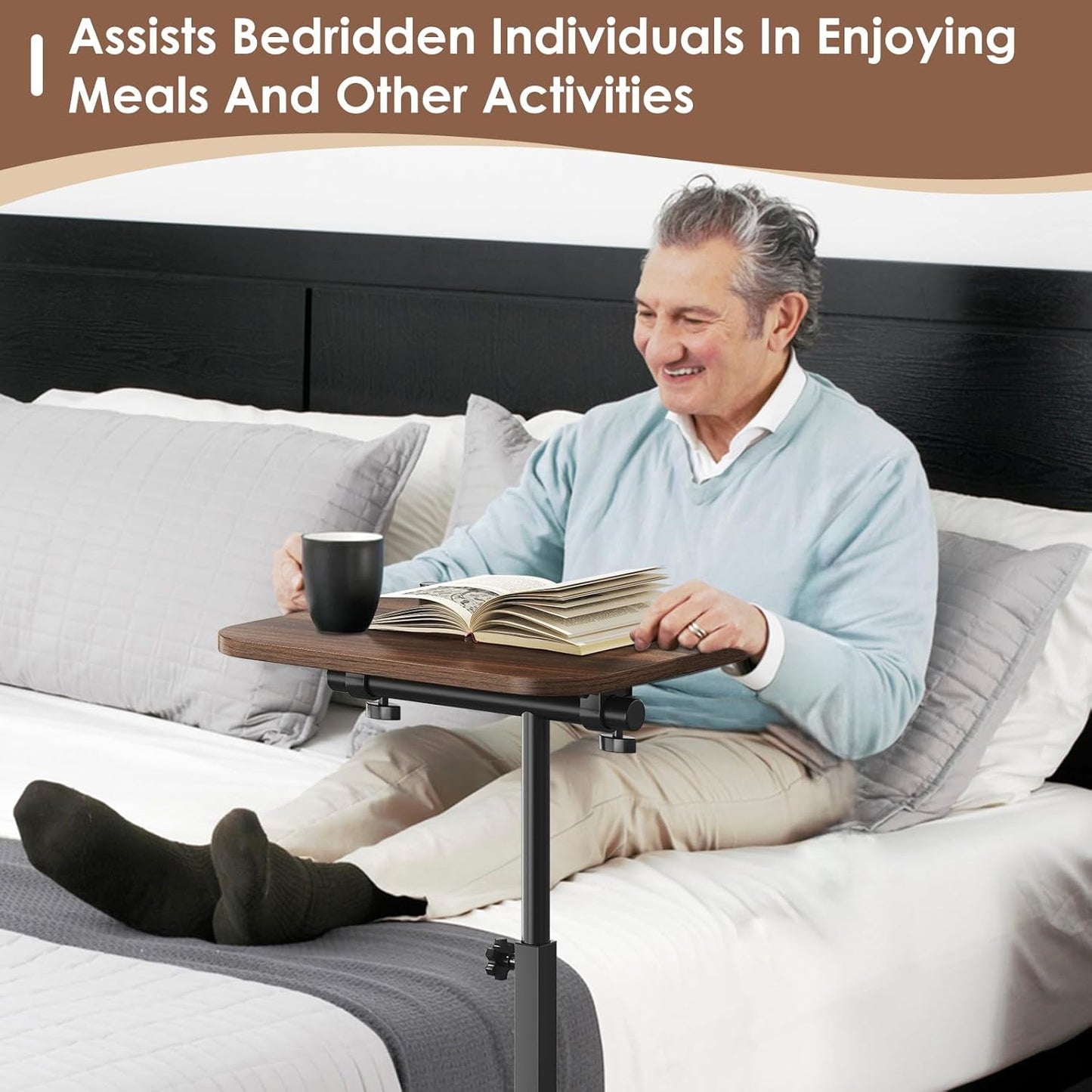 Sofa Couch Arm Table Tv Tray Small Bed Stand C Shaped Side End Tables for Living Room, Bedroom, Bedside Walnut