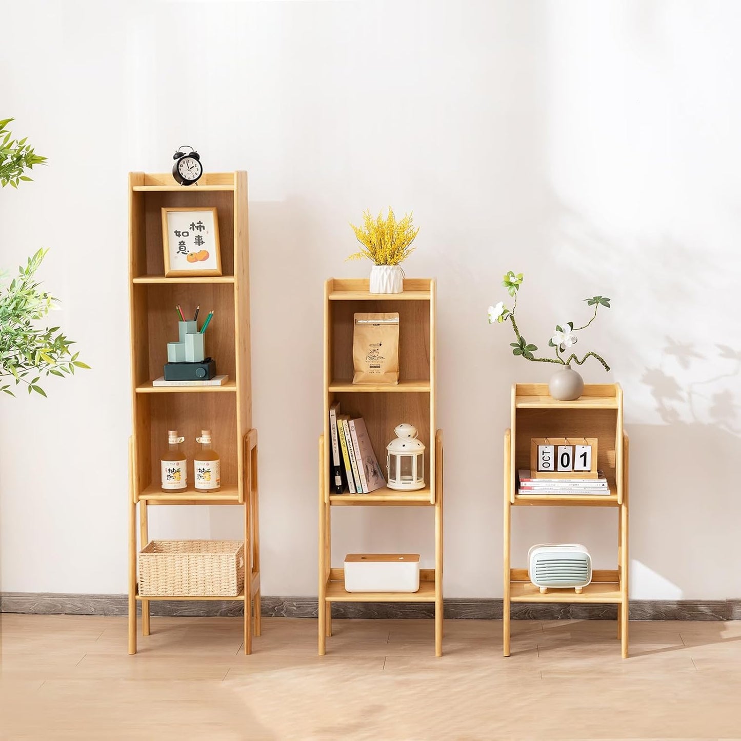 Welnow Bamboo Bookcase with Cabinet, Natural End Table with 3-Tier Storage Shelf, Modern Bedside Organizer Side Table for Bedroom or Living Room, Wood Bookshelf with Open Space