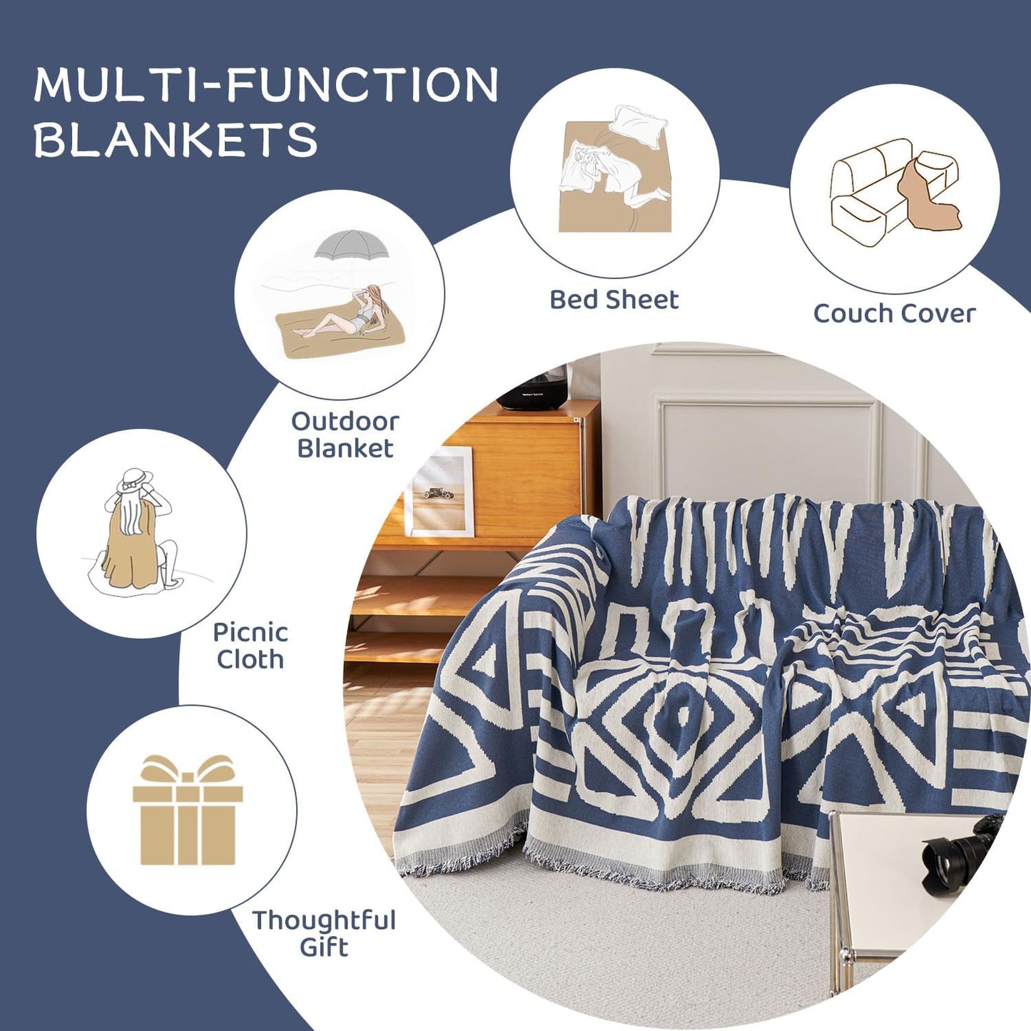 STACYPIK Boho Chenille Blue Sofa Cover L Shaped Couch Cover Reversible Couch Cover for 3 Cushion Couch Non-Silp Furniture Cover for Dogs Cats Sectional Sofa Cover for Loveseat Futon Cover-91X134IN