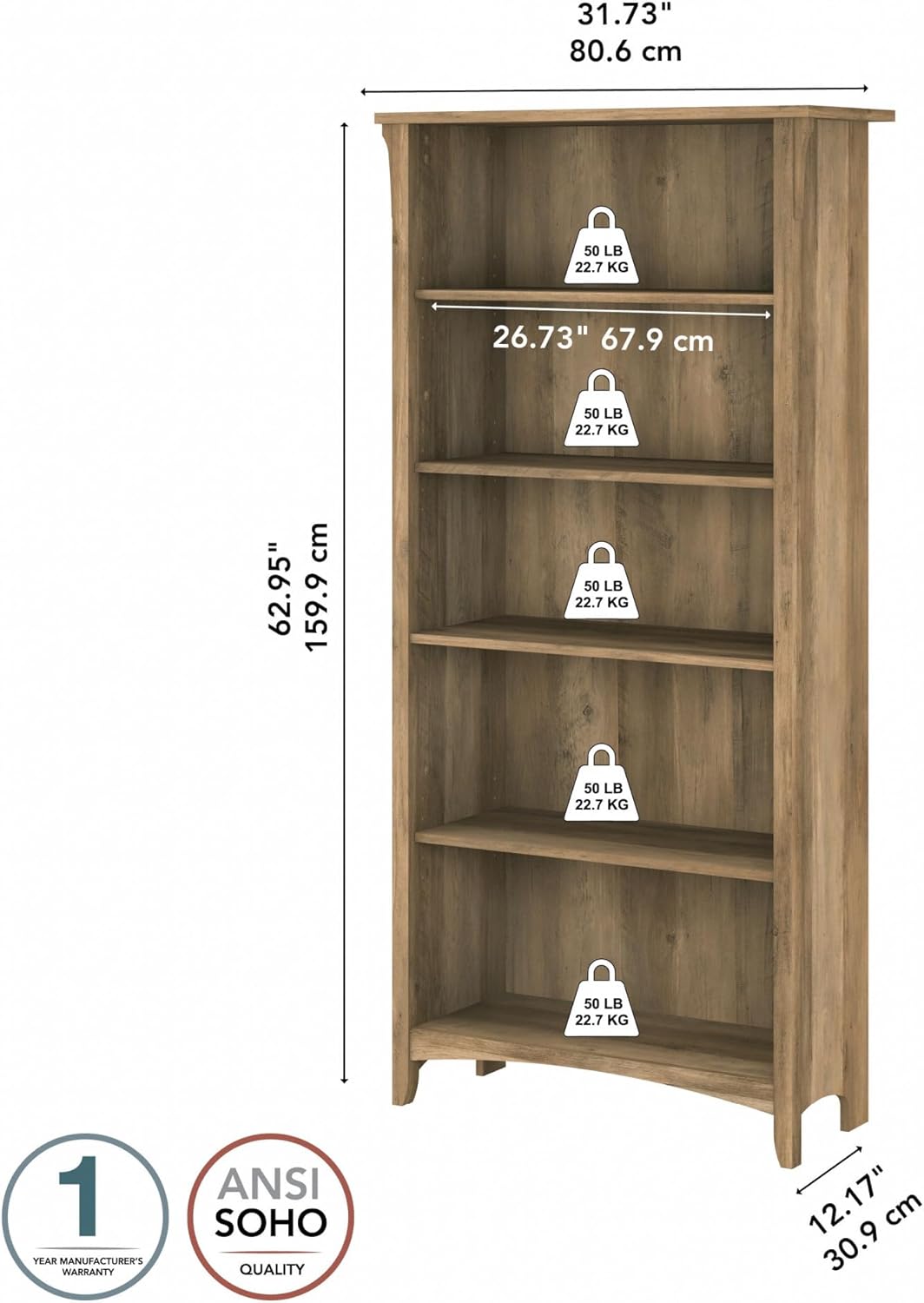 Bush Furniture Salinas 5 Shelf Bookcase in Reclaimed Pine, Tall Bookshelf, Large Book Shelf for Living Room, Home Office, or Entryway