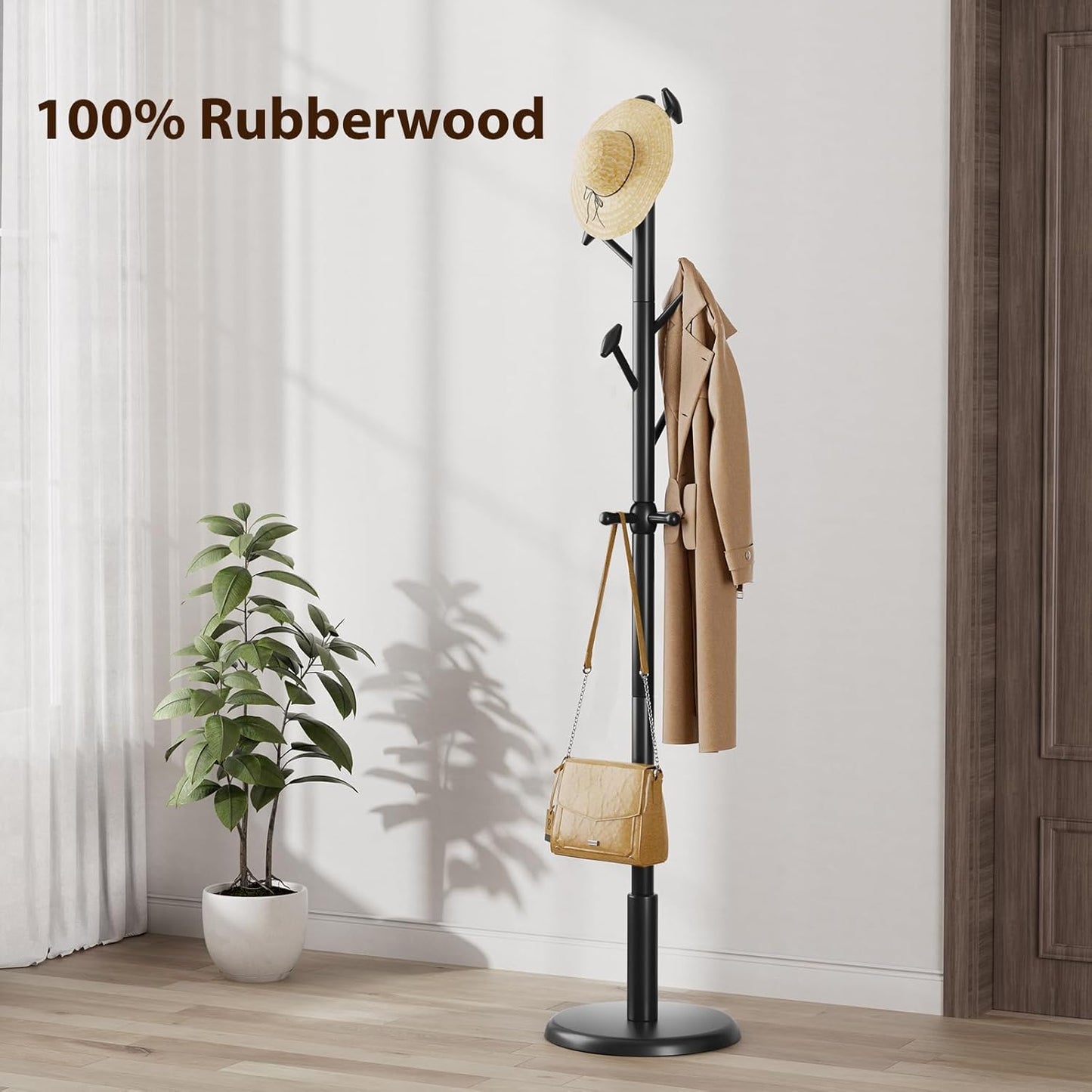 Solid Wood Coat Rack Freestanding Coat Tree with 10 Hooks for Bedroom, Livingroom, Entryway, Sturdy Coat Hanger Stand for Hats, Coats, Scarves, Handbags, Purses