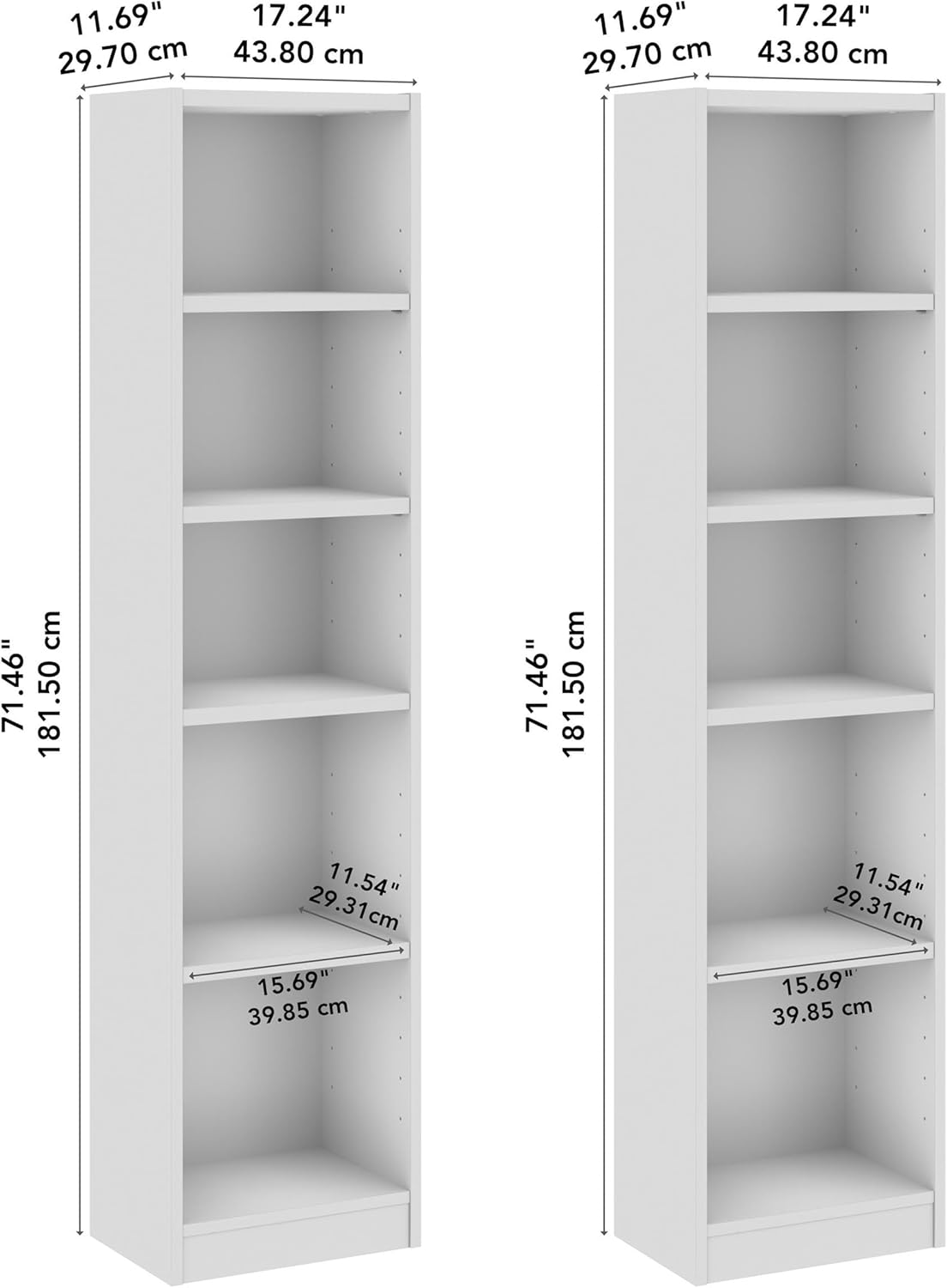 Bush Furniture Universal 17W Narrow 5 Shelf Bookcase in White - Set of 2, Matching Skinny Bookshelves for Home Office or Living Room Storage