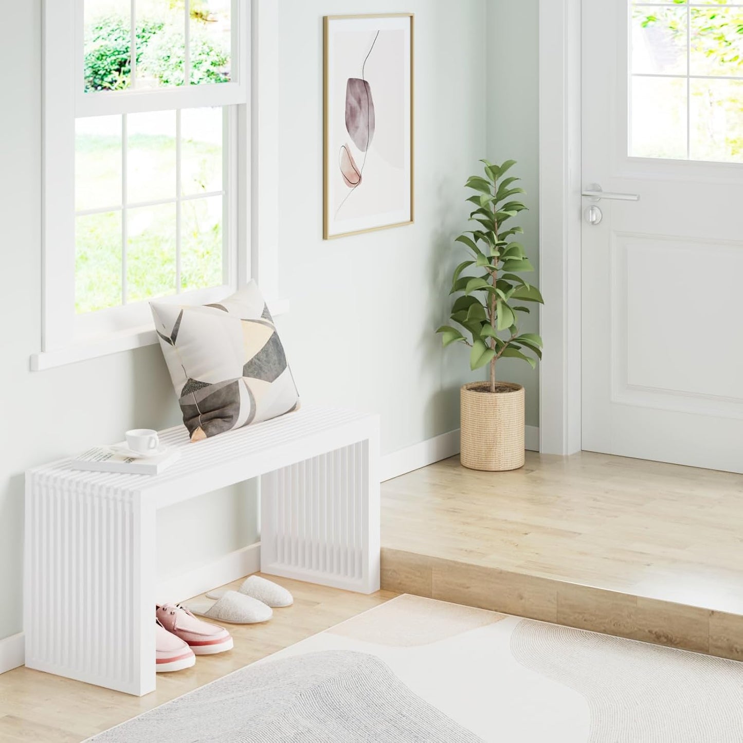 Bamboo Dining Bench Indoor Long Entryway Shoe Rack Benchs,Outdoor Modern Wood Benches 35 Inch Bamboo Bench for Living Room Hallway Bedroom Bathroom White