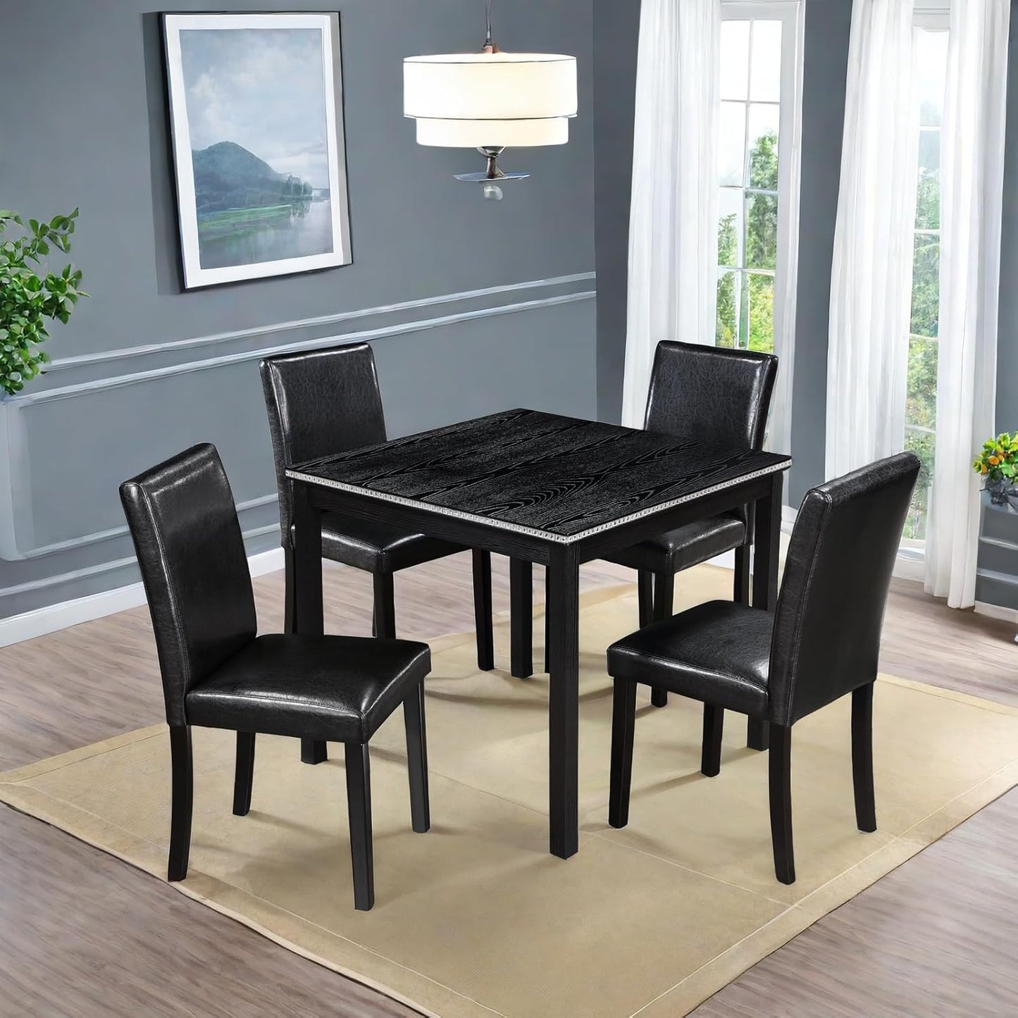 Dining Table Sets, 5-Piece Kitchen Table & Chair Sets with Square Crystal Decoration Table & 4 PU Upholstered Chairs,Wooden Dining Table Set for Dining Room,Black