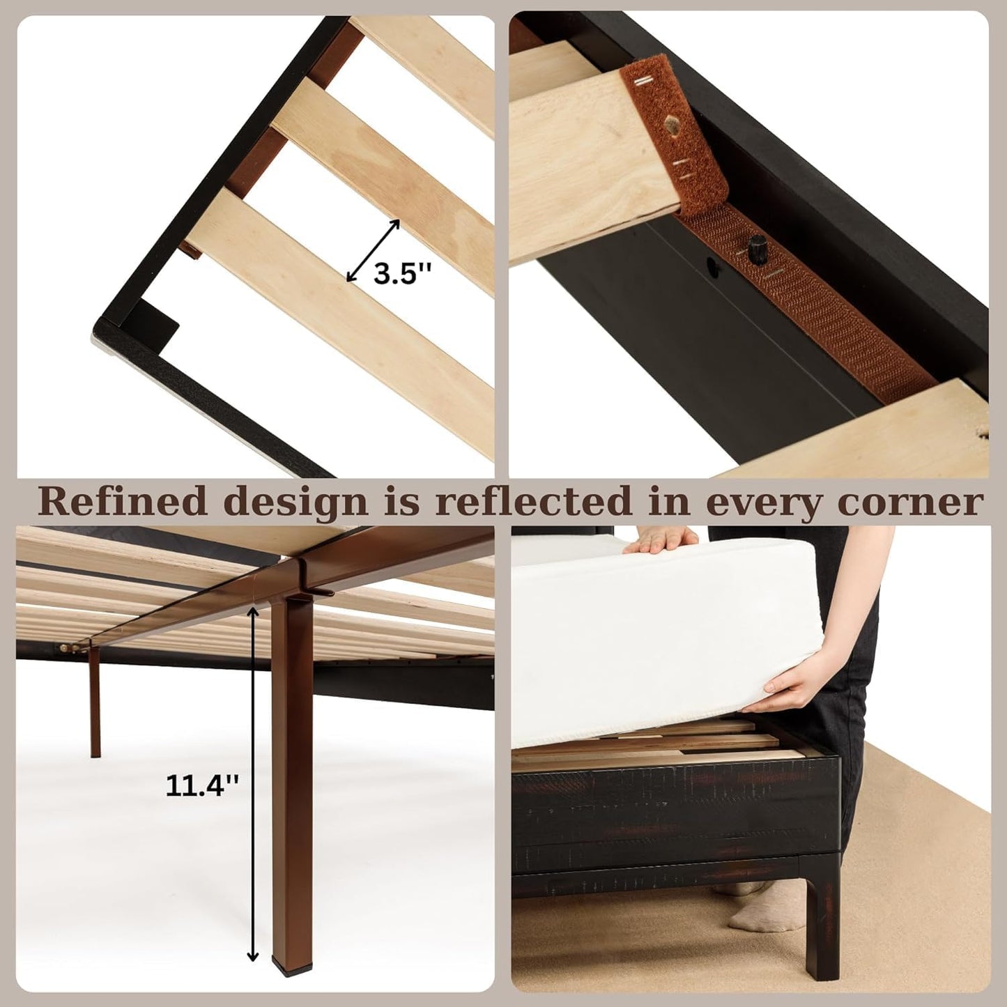 Bme Vivian 14 Inch Deluxe Bed Frame with Headboard, Rustic & Scandinavian Style with Solid Acacia Wood, No Box Spring Needed, 12 Strong Wood Slat Support, Easy Assembly, Queen, Rustic Black