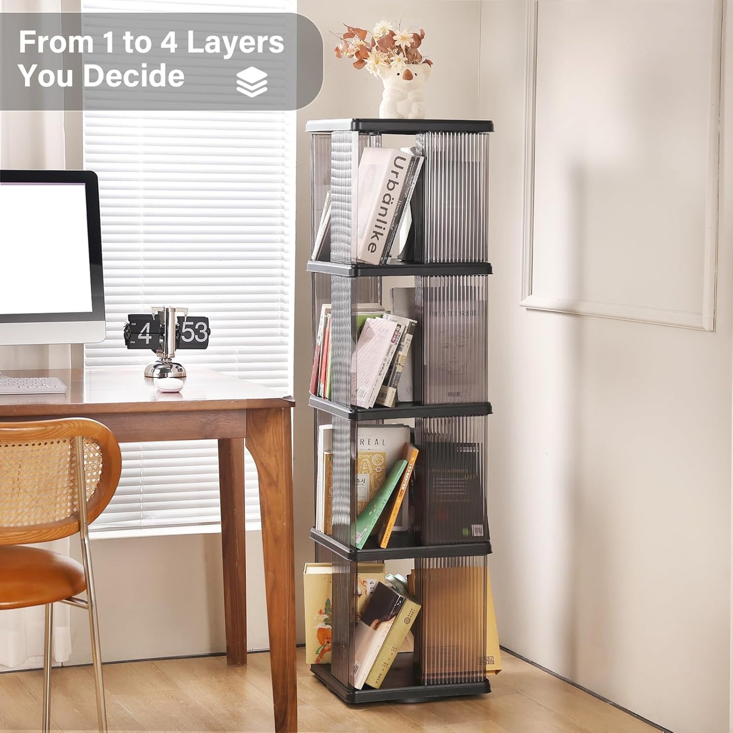 4 Tier Rotating Bookshelf, Small Corner Bookshelf for Small Space, 360 Display Floor Standing Bookcase, Lazy Susan Plastic Narrow Book Organizer Shelf for Bedroom, Living Room, Rectangular