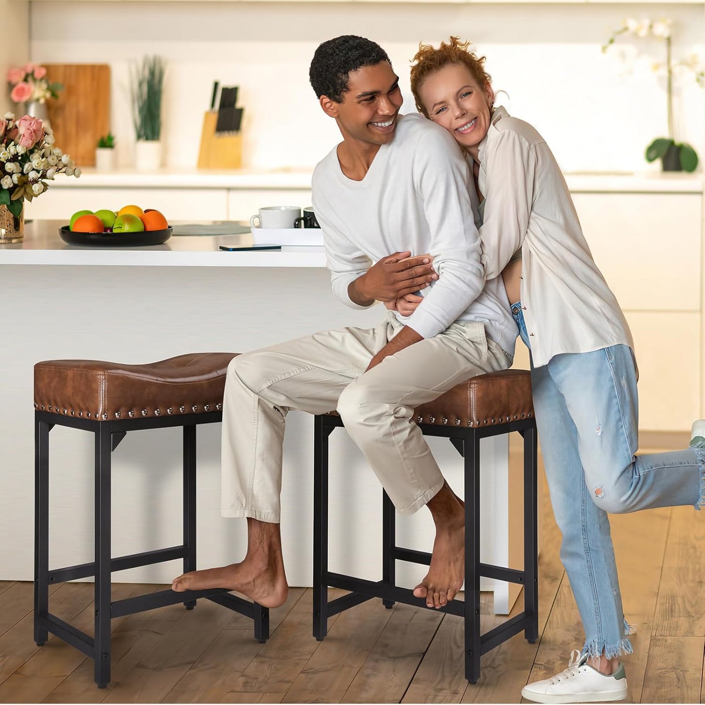 Bar Stools Set of 2, Counter Height Bar Stools for Kitchen Counter, 24 Inch Saddle Barstools Kitchen Stools, Counter Height Stools for Bar, Kitchen, Island-Brown