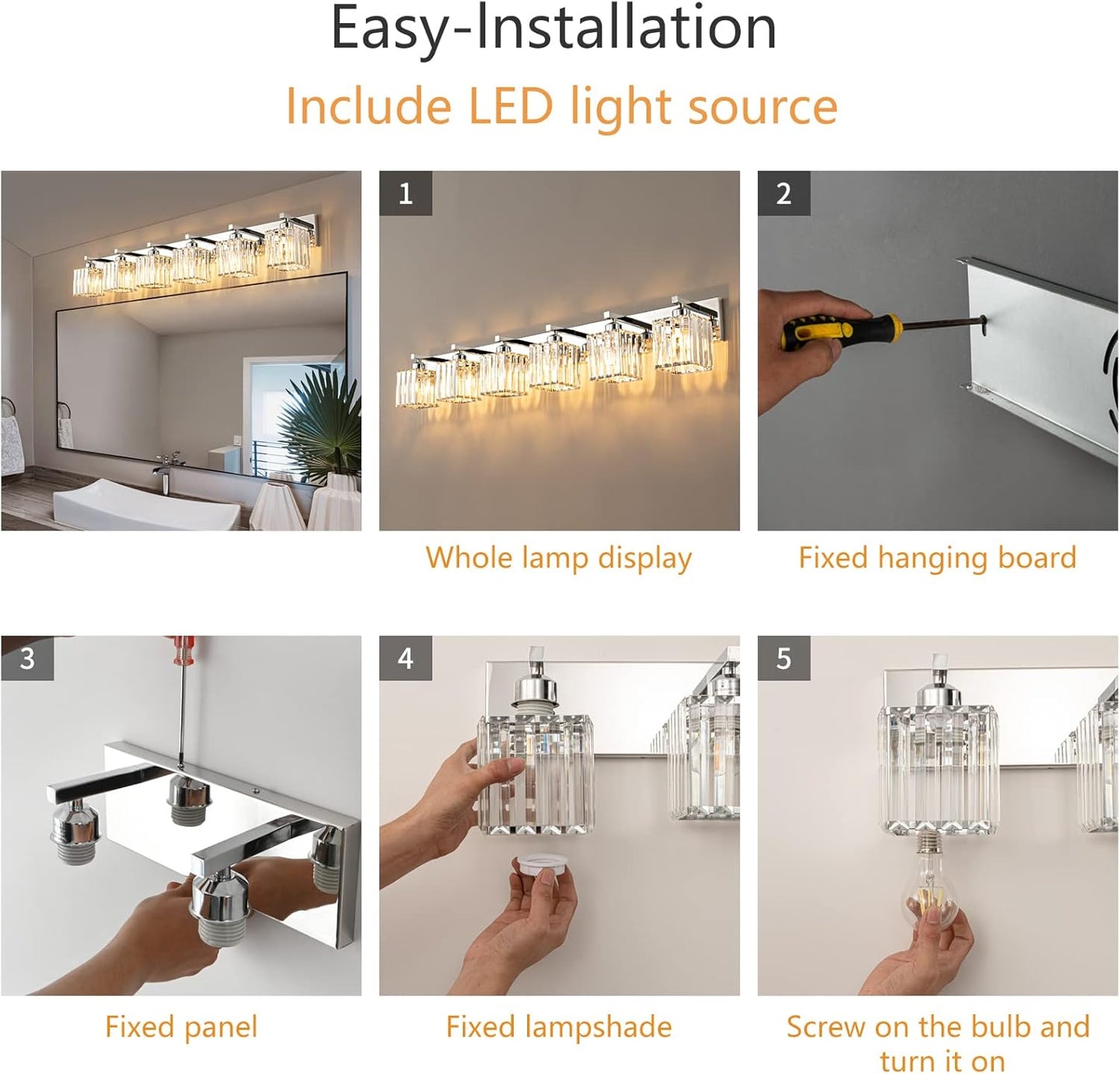 Modern 6-Light Chrome Crystal Bathroom Vanity Light Fixtures